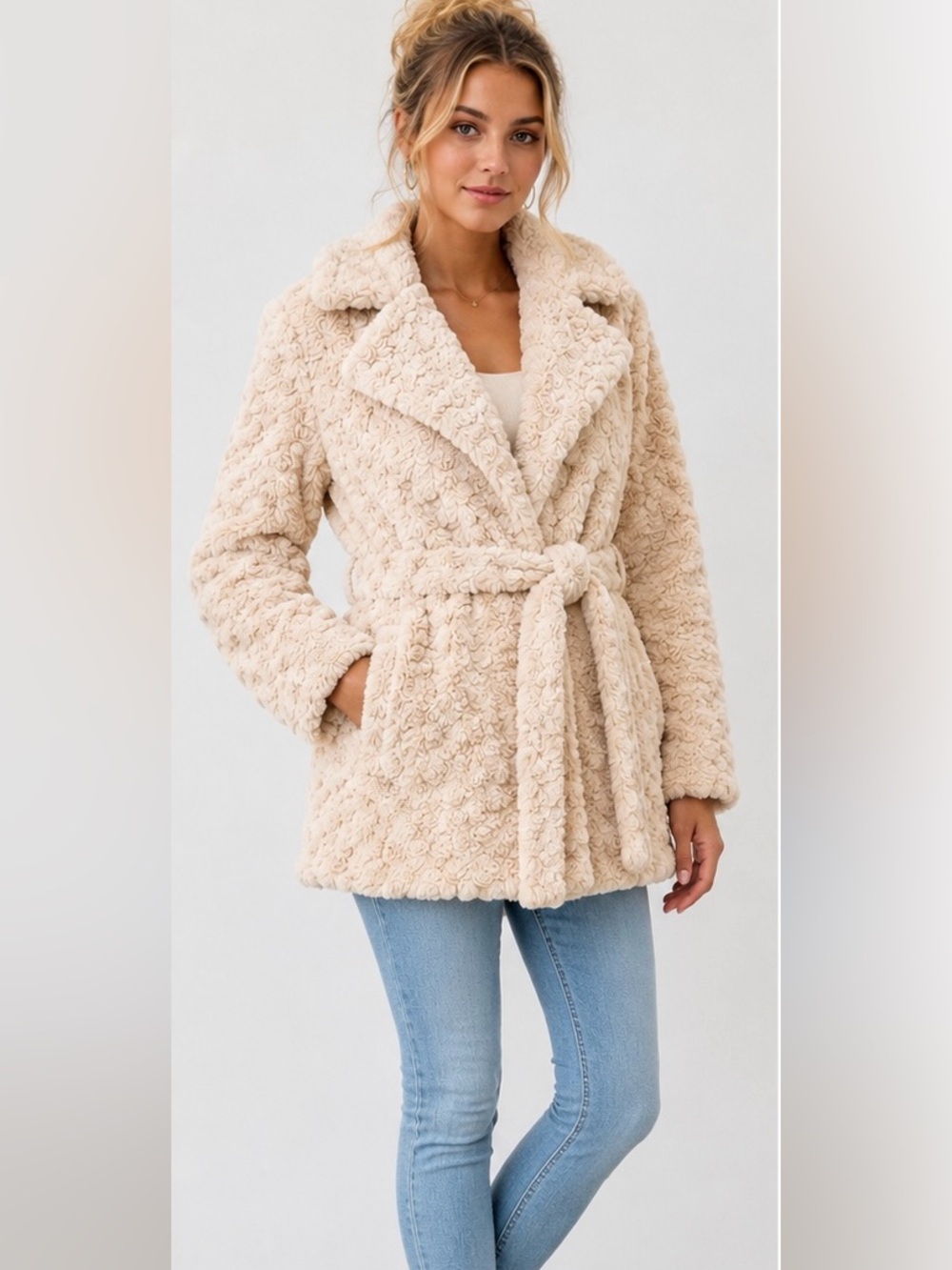 Rebecca Elliot Women’s Faux Fur Belted Coat Jacket Cream Size Small